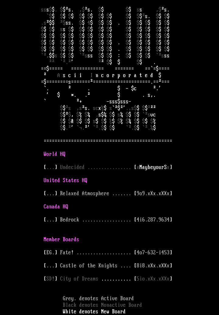 Aug,1996 Board Listings by Ascii INc,.