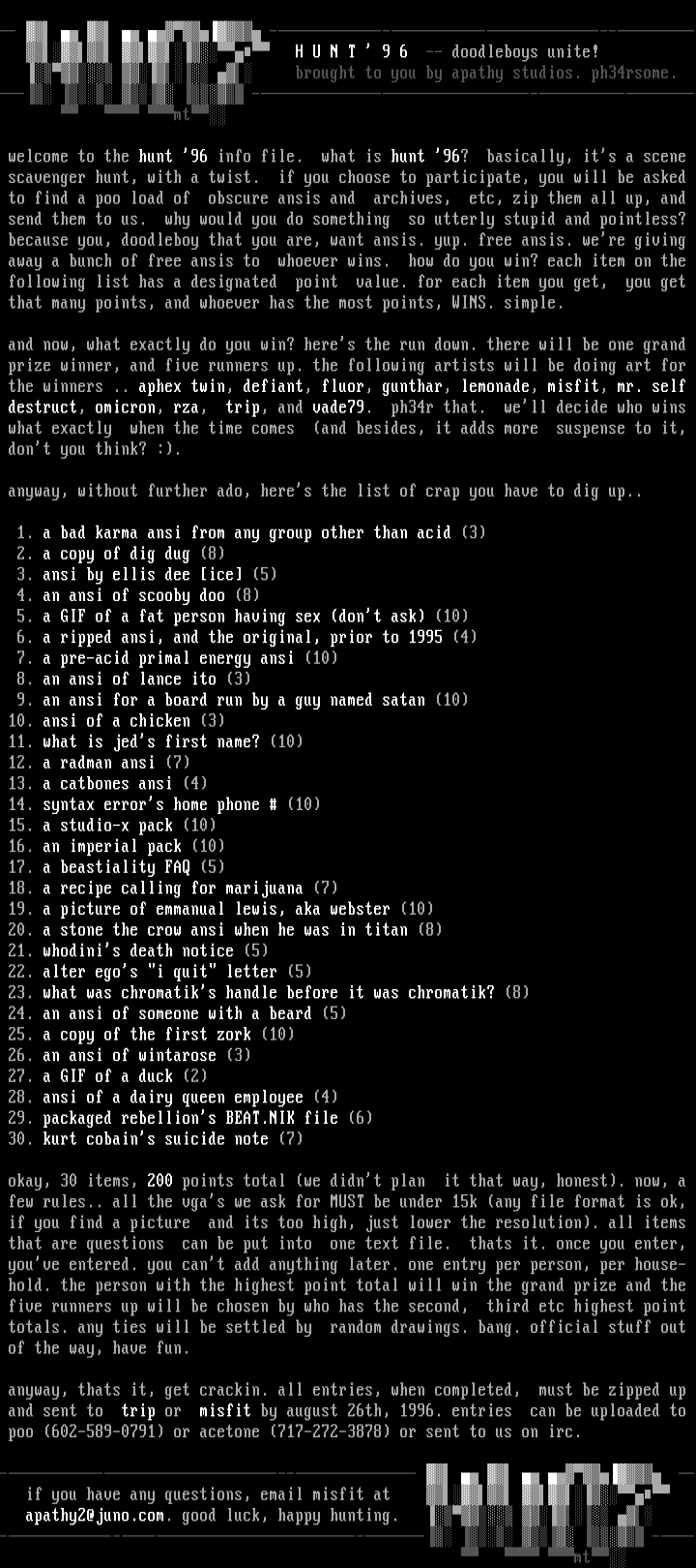 Hunt '96 Info & Item List by H'96 Staff