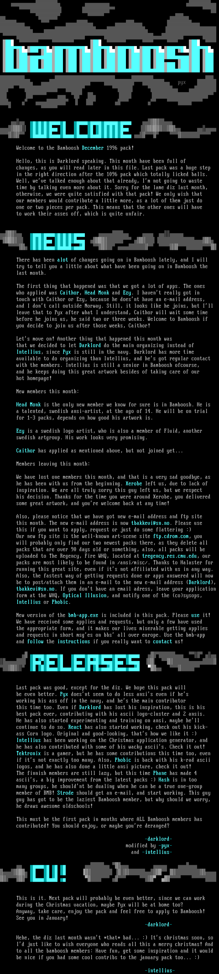 Bamboosh December 1996 news file. by Pyx, Darklord & Int