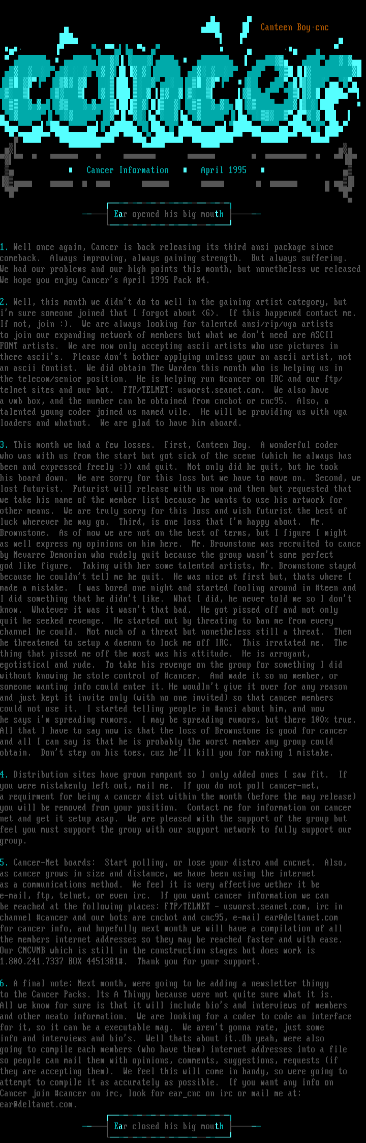 Cancer April 1995 Information by Ear
