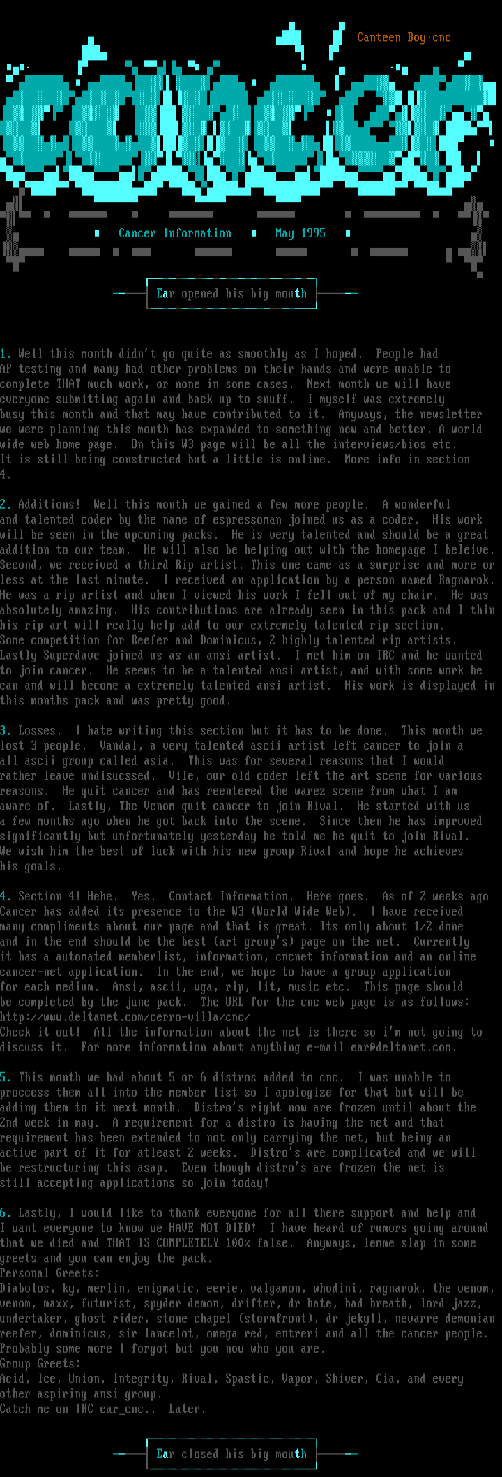 Cancer May 1995 Information by Ear