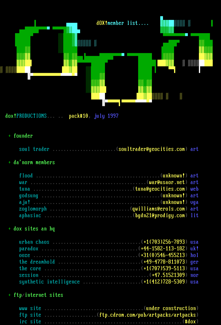 dox member list of 07/97 by dox!staff