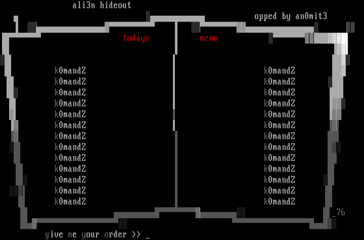 menuset for alien hideout. by Joda