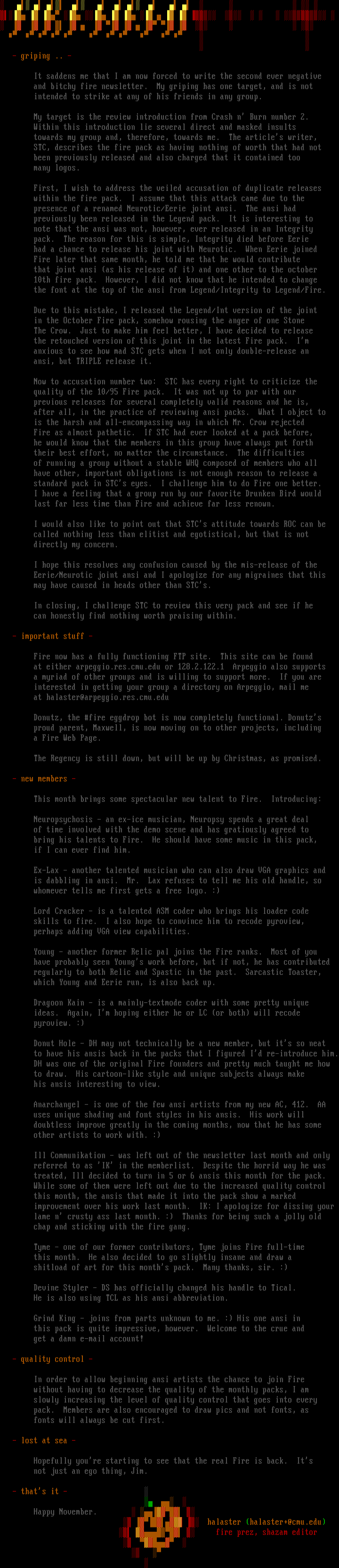 Fire Newsletter for 11/95 by Halaster