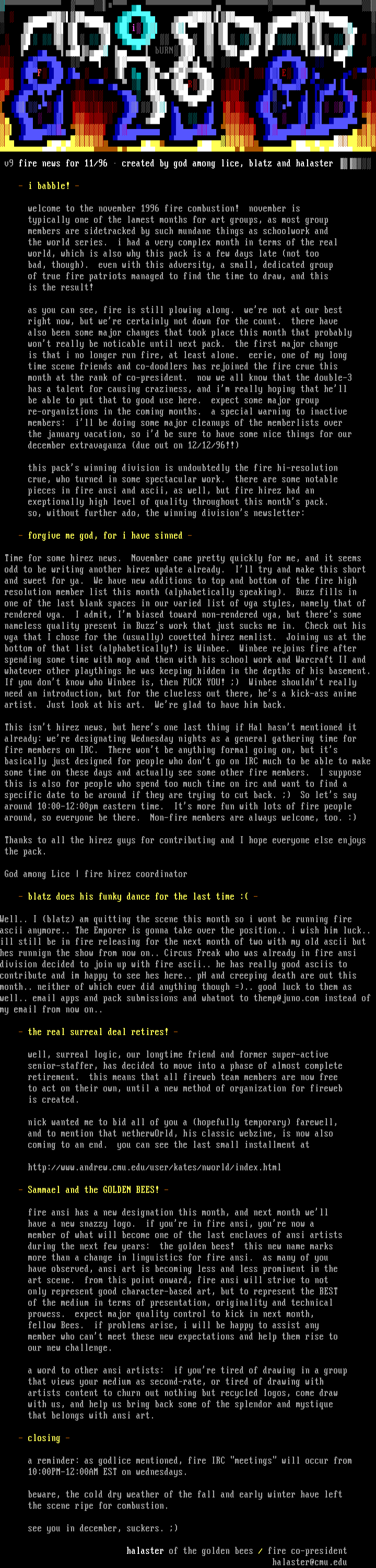 #INFO# Fire News for 11/96 by Senior Staff