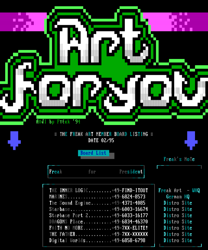 FREAK ART MEMBER BOARD LIST 02/95 by Freak
