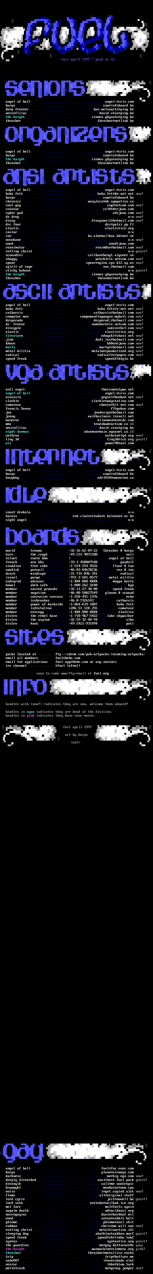 Fuel member list for pack 12 by Fuel Staff