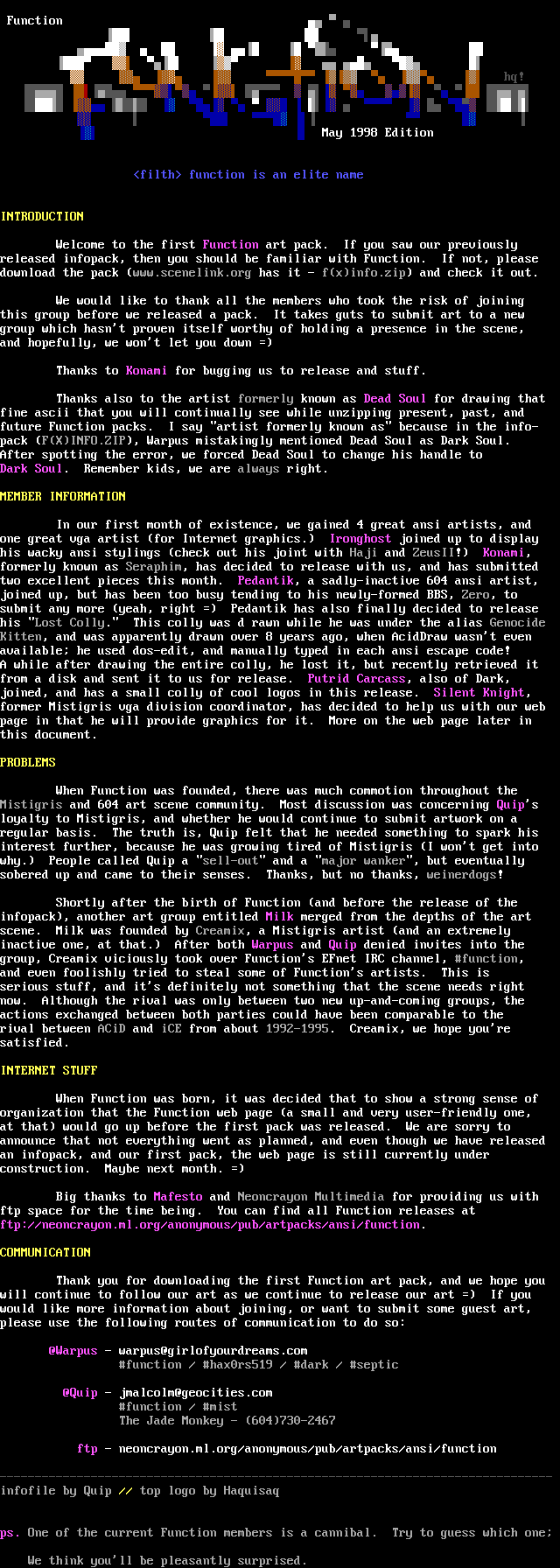Function infofile for May 1998