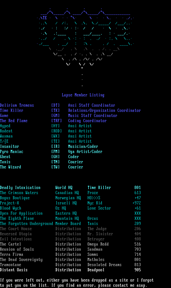 Lapse Productions 11/94 Member List by Time Killer