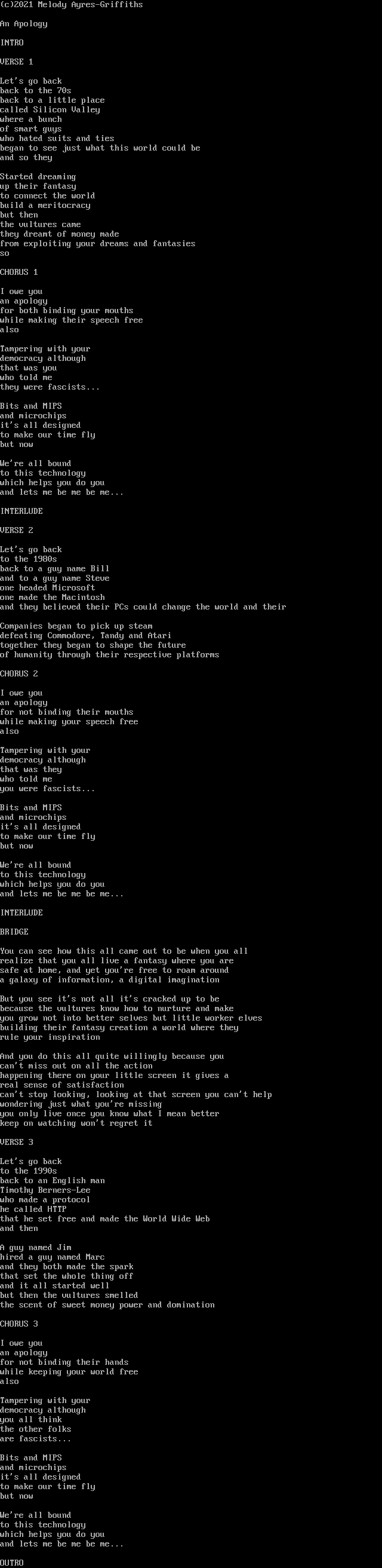 "An Apology" lyrics by Melodia