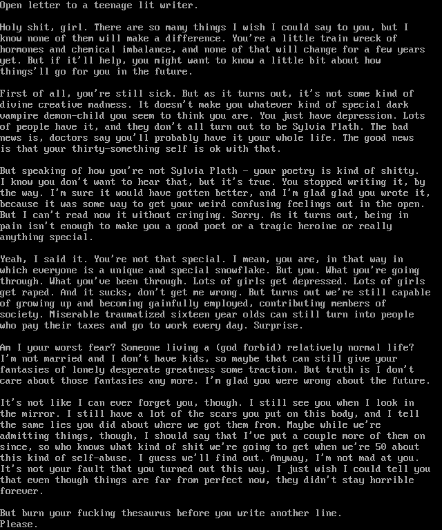 Open letter to a teenage lit writer by Bah, Kasha!