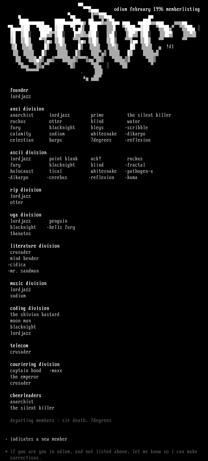 the february 1996 odium memberlist by odium