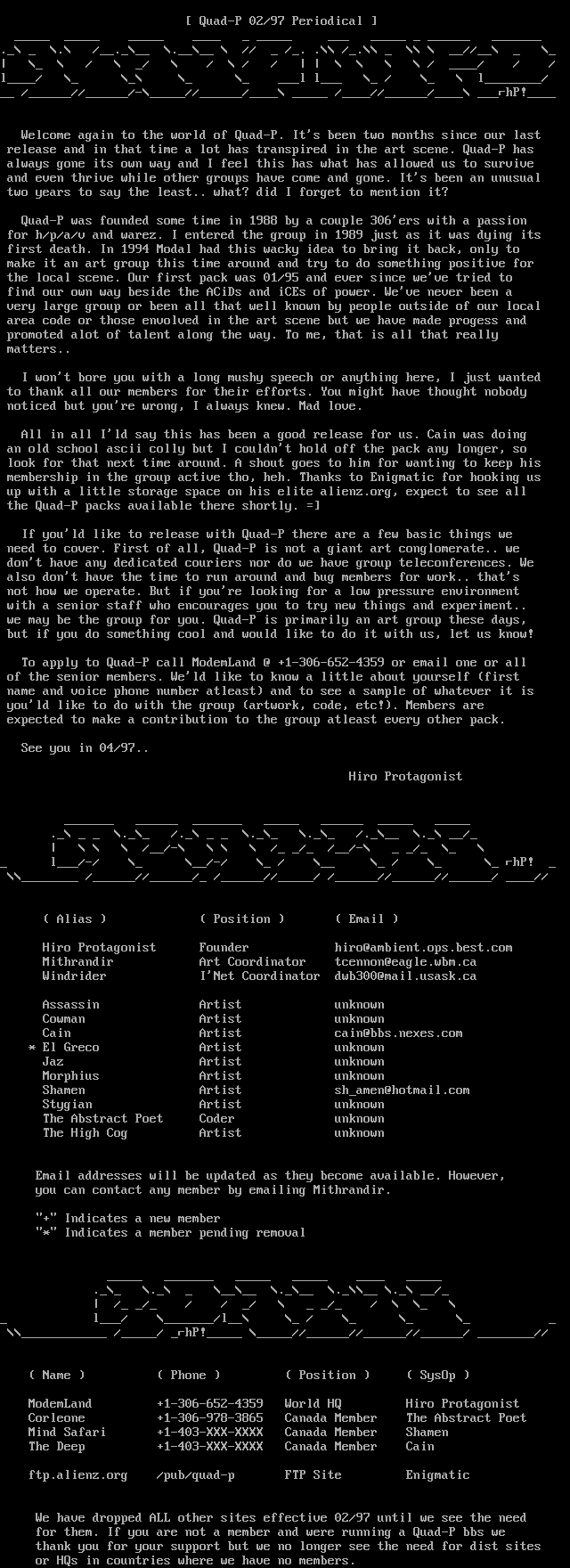 quad-p 02/97 news and information by hiro protagonist