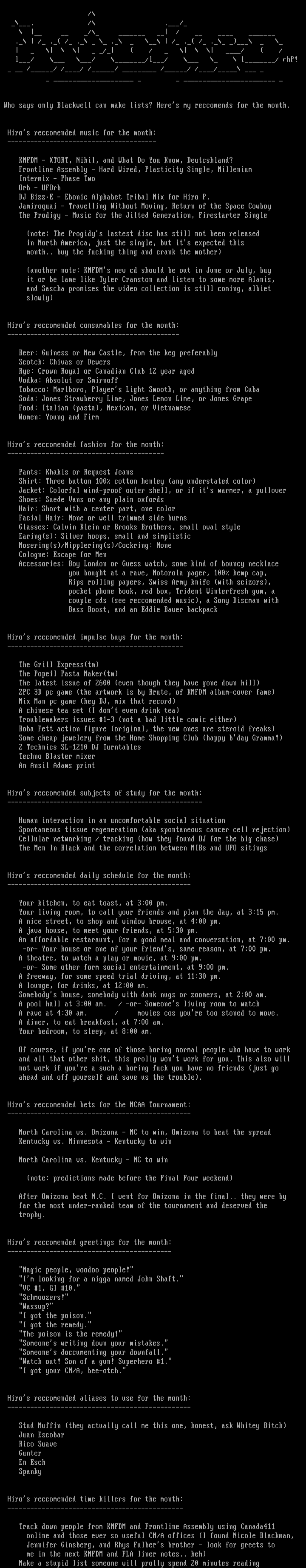 Hiro's Reccomended Lifestyle by Hiro Protagonist