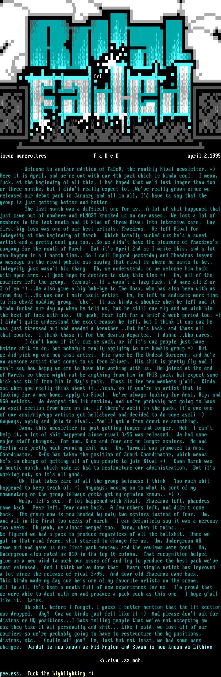 Rival April 1995 Faded Newsletter by Rival